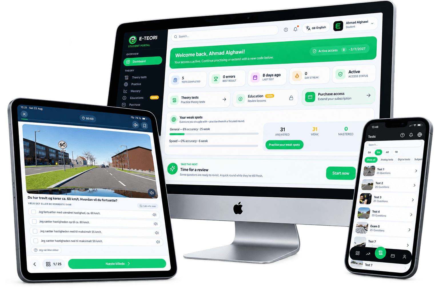 E-Teori elevportal på en bærbar computer E-Teori teoriprøve på en iPad E-Teori mobilapp på en iPhone