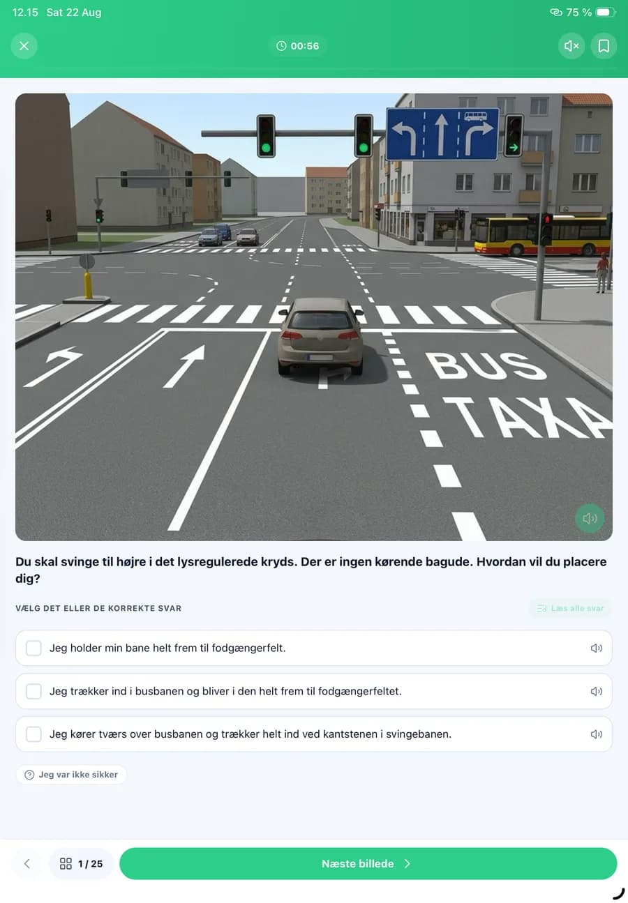 Tablette bir teori testinden soru: trafik resmi, soru ve cevap seçenekleri