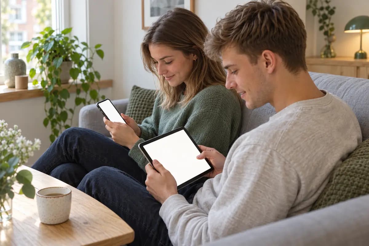 To elever øver teori sammen på en telefon og en tablet